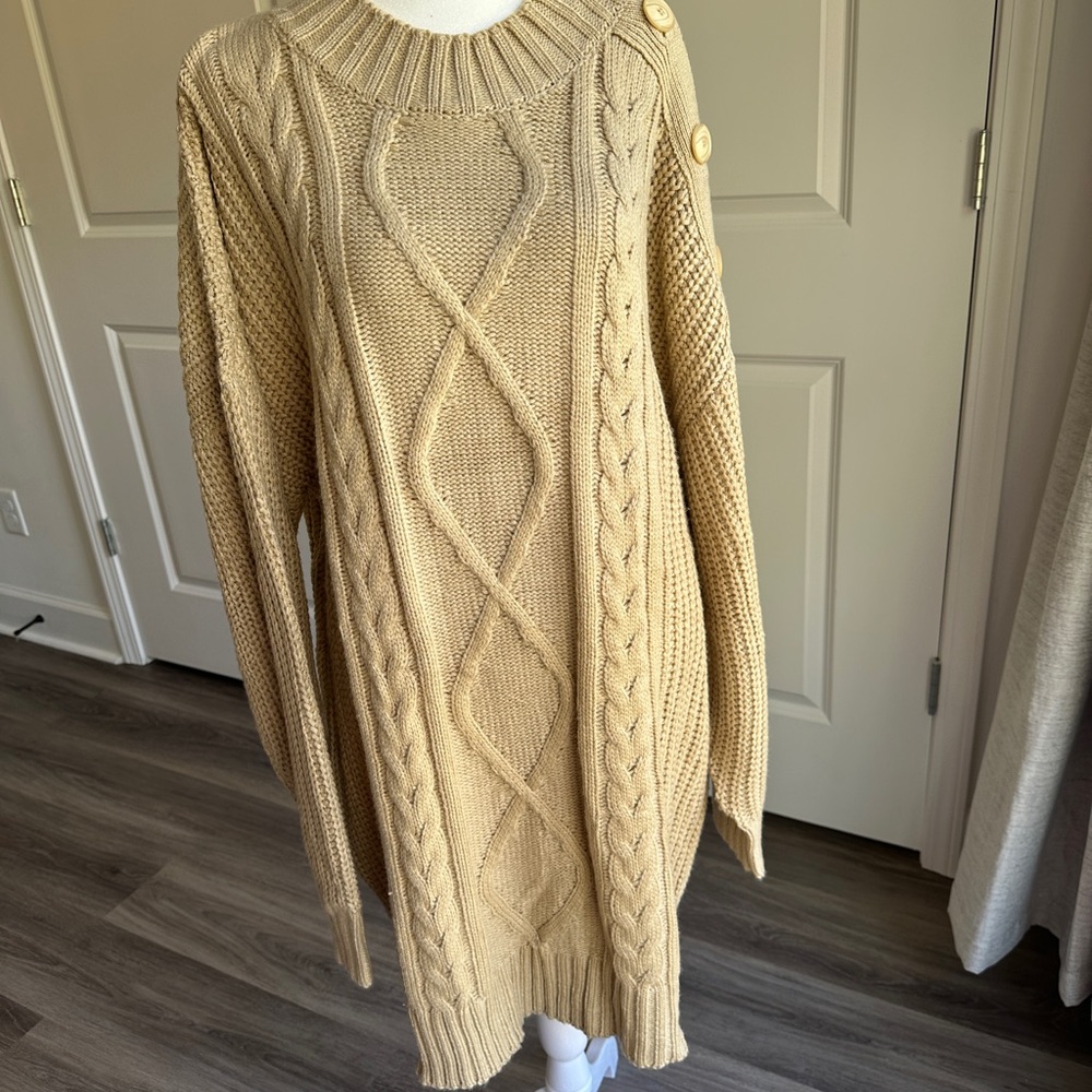 Cozy Cable Knit Sweater Dress - Tan